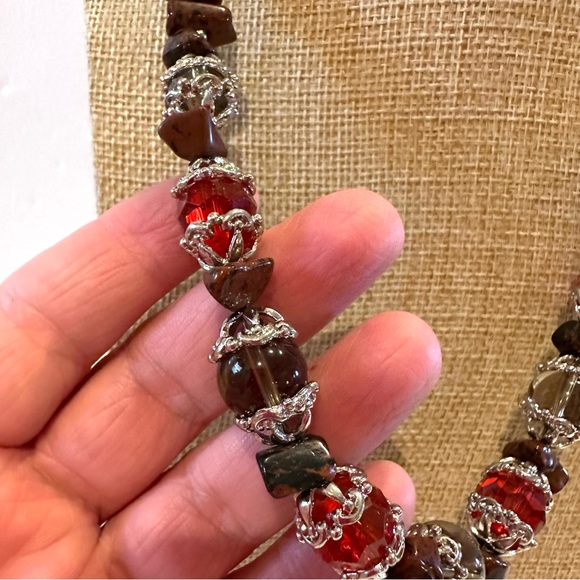 Genuine Gemstone & Glass Bead Necklace- silver tone w/ tigers eye / red & gray - Picture 8 of 10